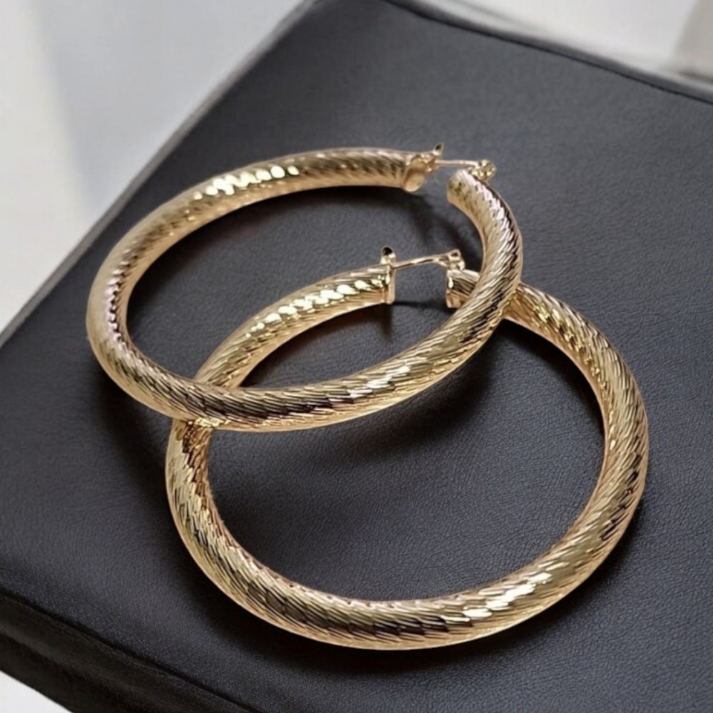 ANNE KLEIN Large Gold Hoops 60mm 2.38" Etched Textured Hoop Earrings Luxe Vibe - Picture 12 of 12